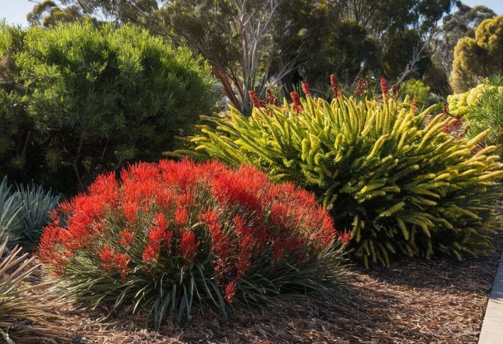 Red kangaroo paw and grevillea among Australian native garden plants in a mulched bed, eucalyptus trees behind