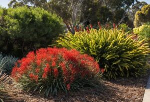 Red kangaroo paw and grevillea among Australian native garden plants in a mulched bed, eucalyptus trees behind