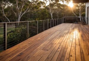 Sunlit hardwood timber deck with cable railing overlooking Australian gum trees, the best deck timber Australia offers