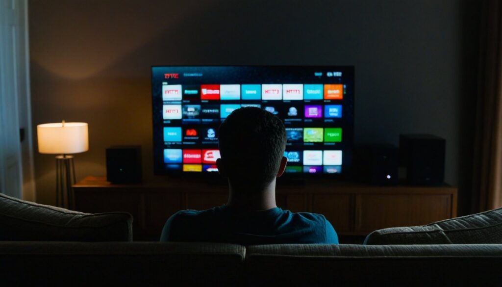 Person sitting alone in a darkened room watching a smart TV displaying streaming app icons, reflecting how streaming changed tv viewing habits