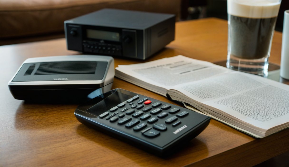 Cable set-top box and TV remote on a wooden table — the hardware of scheduled television before on-demand arrived