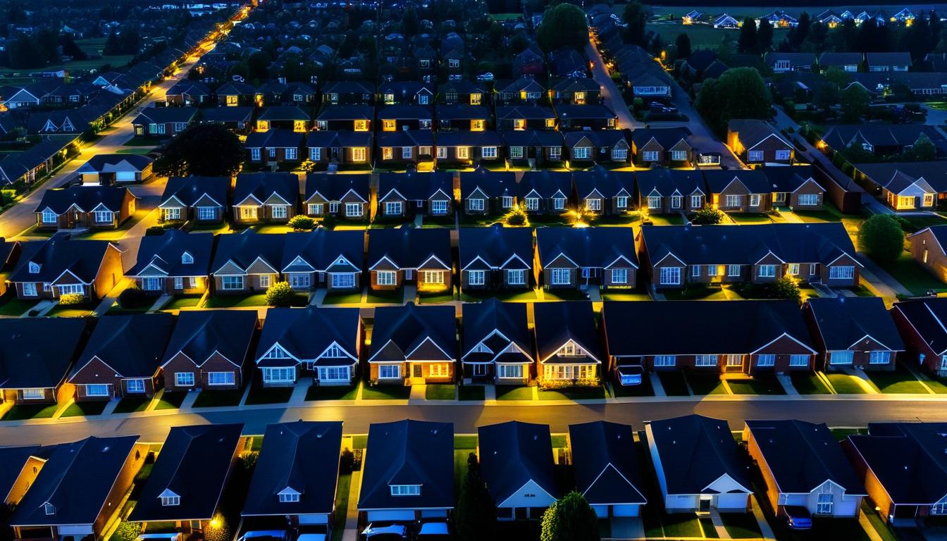 Aerial night view of a suburban neighbourhood with glowing windows, each household watching TV in separate silos