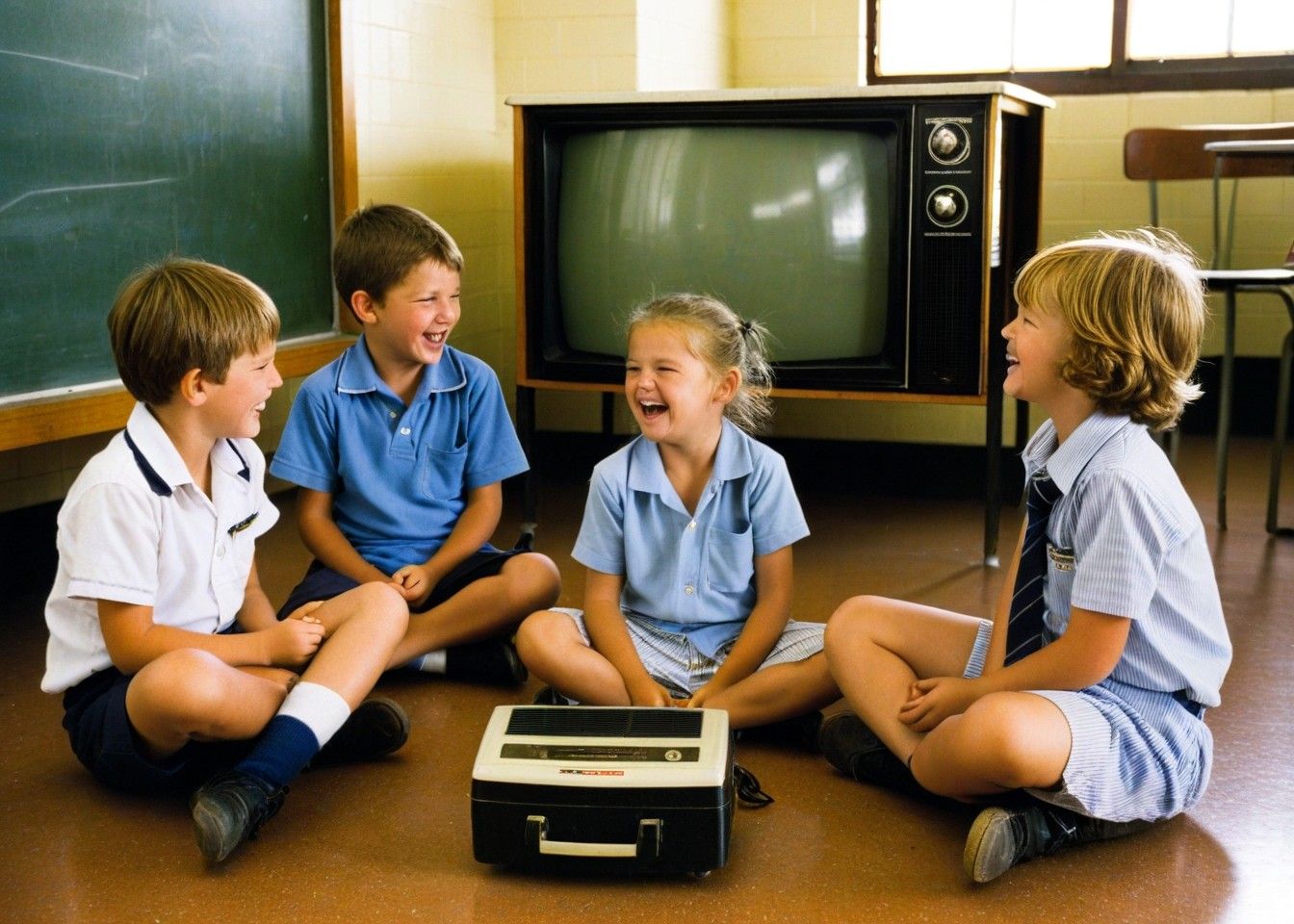 Four primary school children in uniforms laughing together on a classroom floor beside a vintage CRT television set