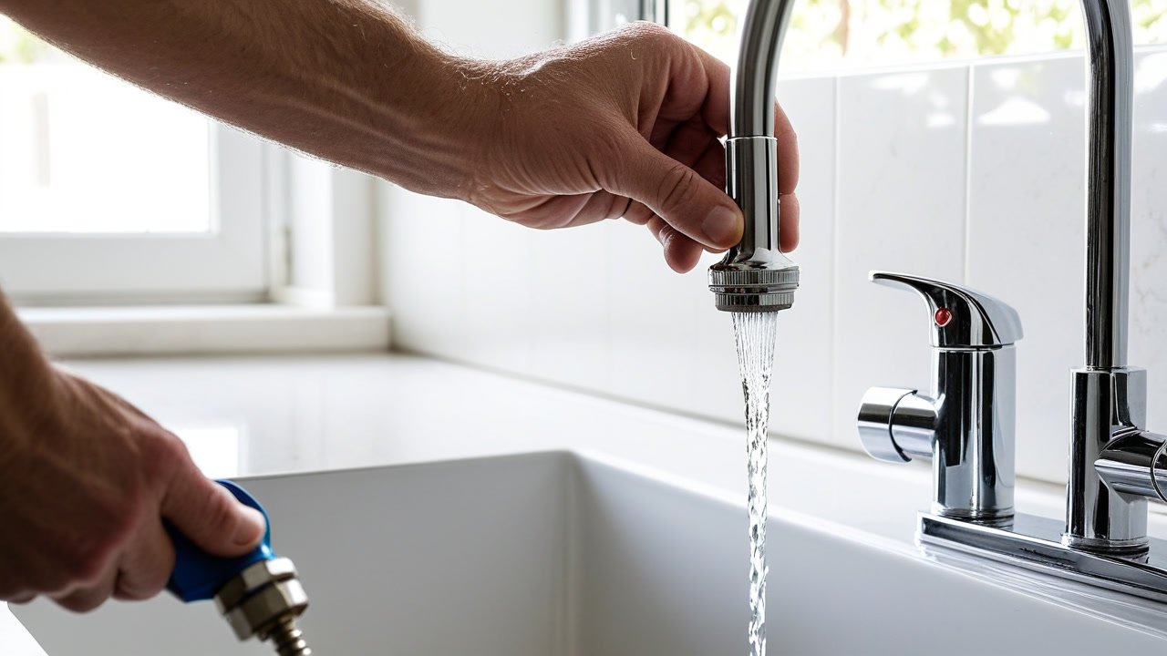 Person unscrewing a leaking kitchen tap aerator over a white sink — a common DIY fix for a leaking tap in Australia