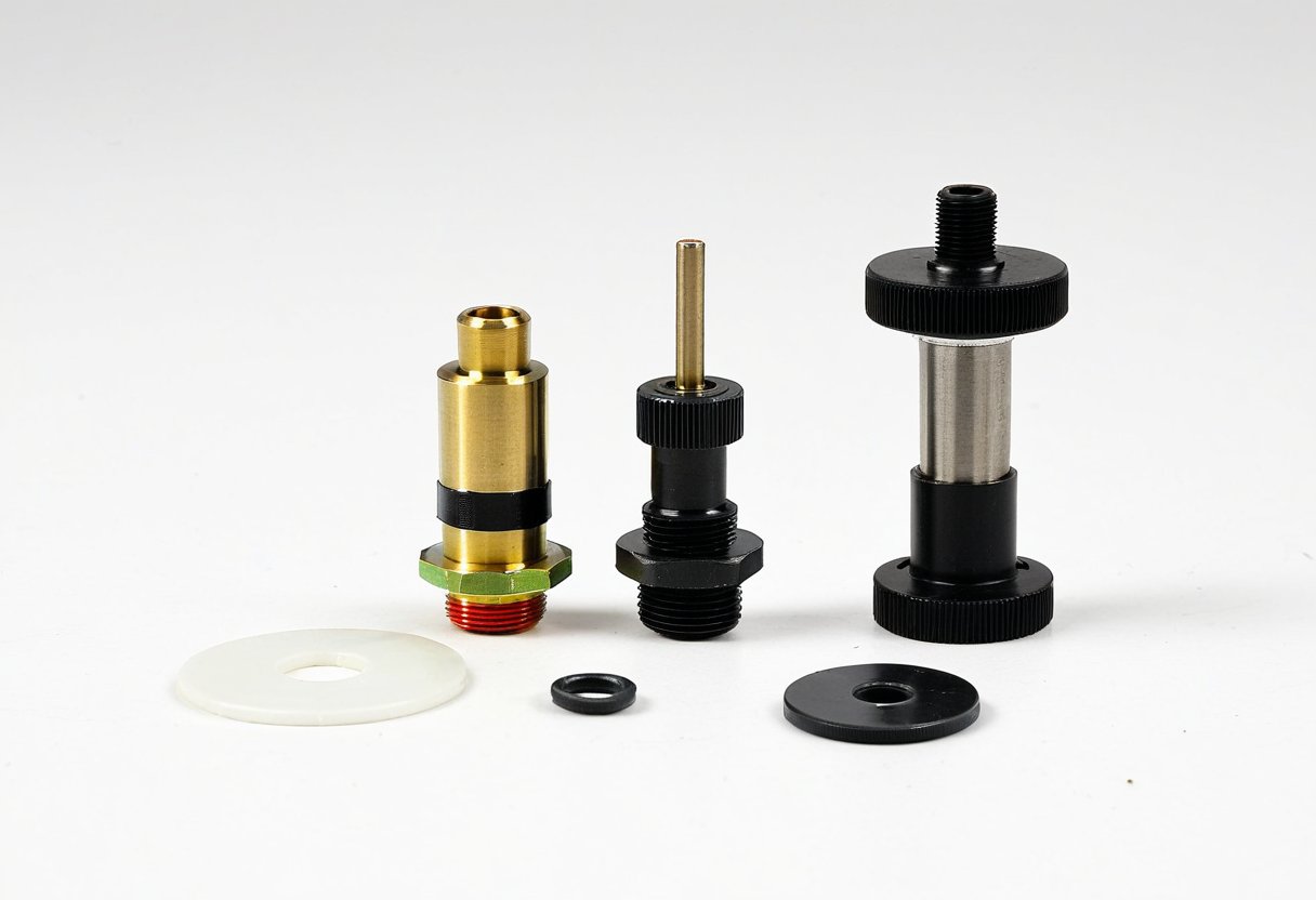 Disassembled tap valve components including brass cartridge, rubber washer, O-ring and spindle on white background