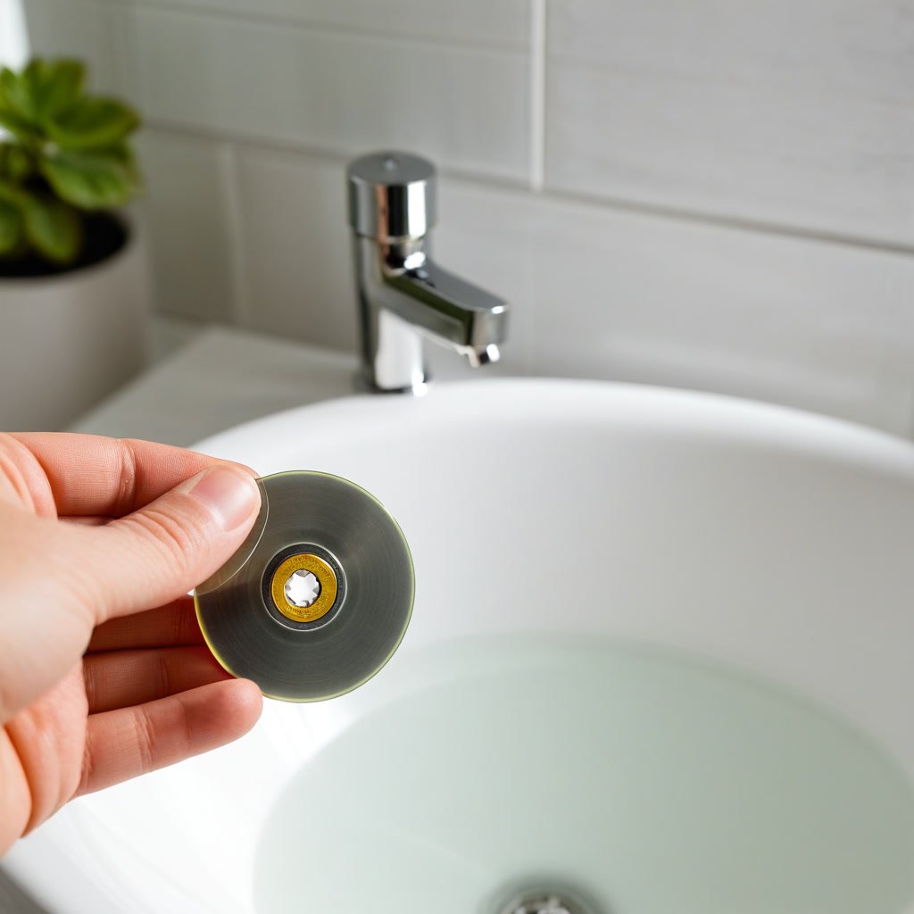 Hand holding a ceramic disc cartridge removed from a bathroom tap, showing the disc and brass fitting up close