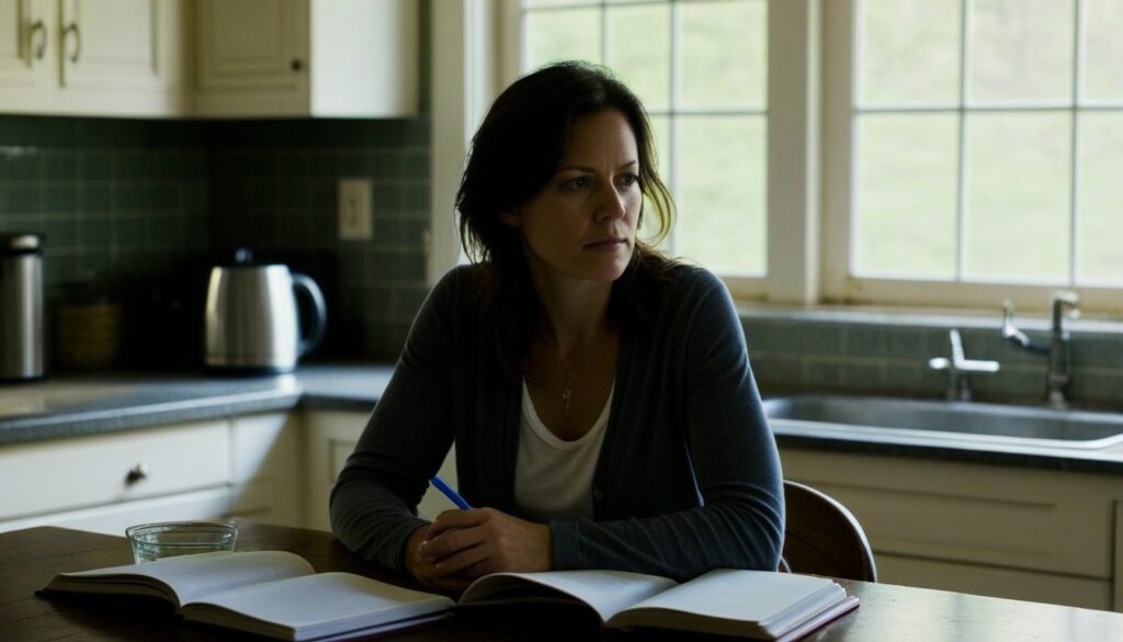 Woman sitting at kitchen table with open notebook and pen, looking away thoughtfully — capturing why habits are hard to build