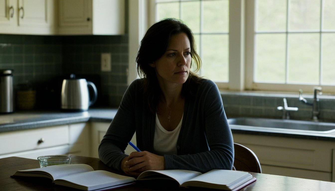 Woman sitting at kitchen table with open notebook and pen, looking away thoughtfully — capturing why habits are hard to build