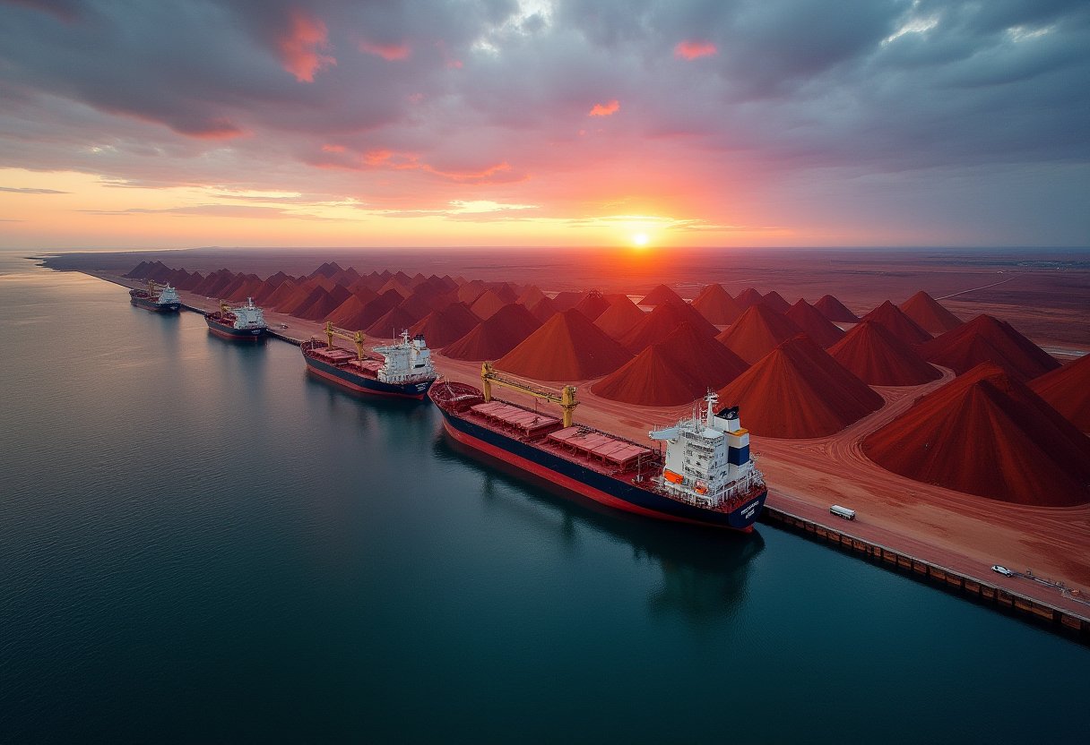 Bulk cargo ships loading iron ore at an Australian port at sunset, reflecting Australia-China trade relationship