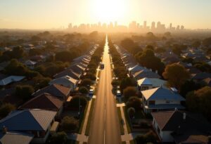 Aerial view of suburban Australian housing rows stretching toward a city skyline at sunset, illustrating the australia housing crisis explained