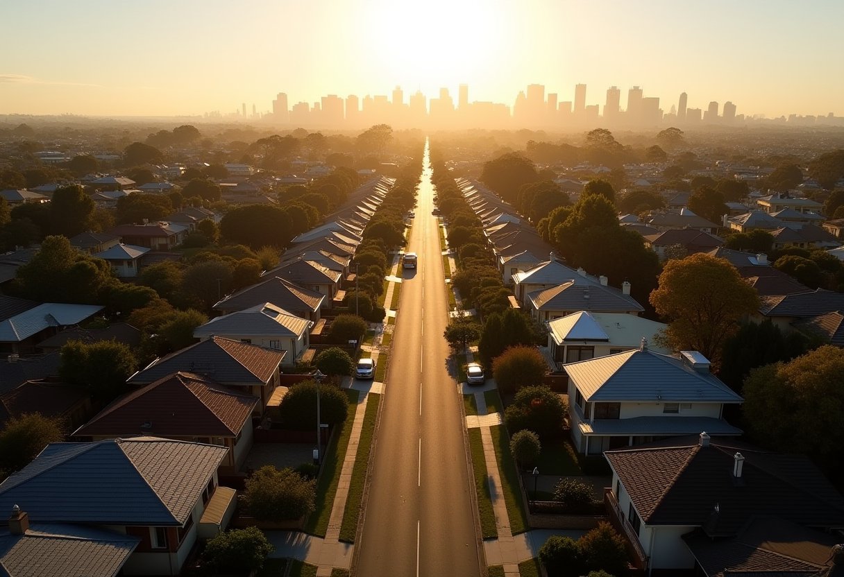 Aerial view of suburban Australian housing rows stretching toward a city skyline at sunset, illustrating the australia housing crisis explained