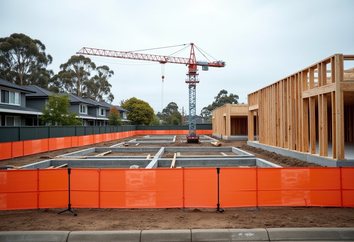 Residential construction site with orange safety barriers, concrete slab and timber framing under a tower crane in Australia