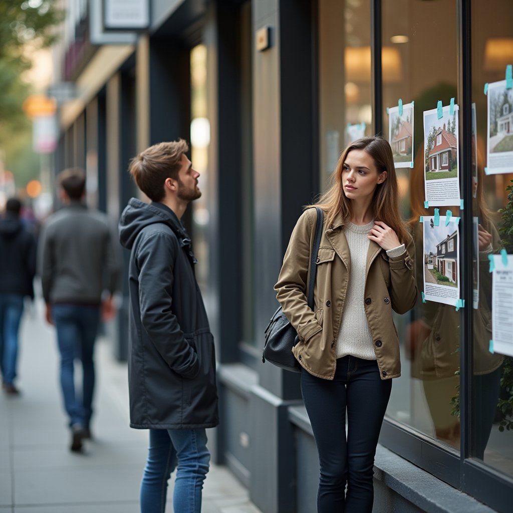 Young couple browsing real estate listings in an agency window, confronting Australia's property affordability pressures