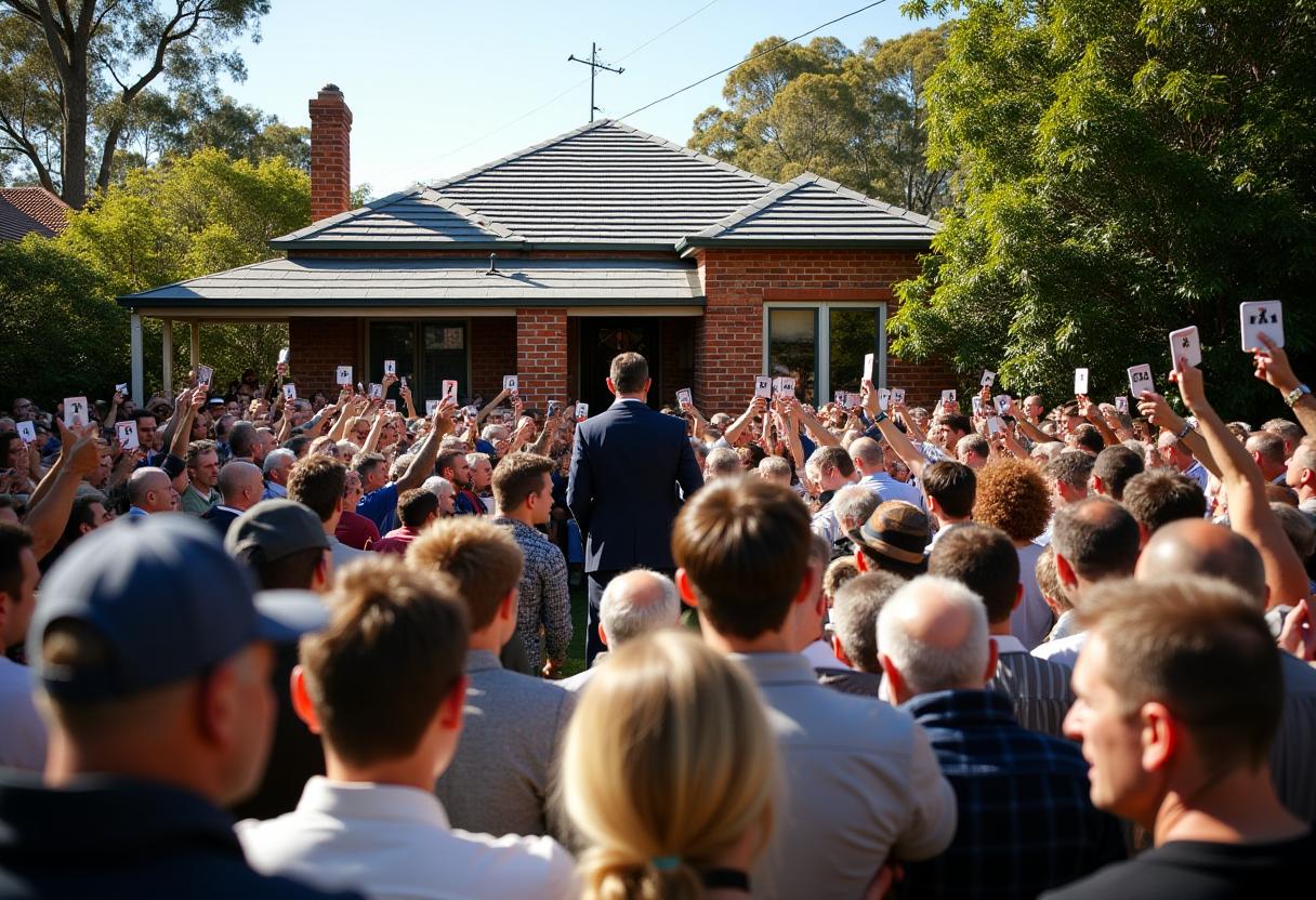Large crowd of buyers raising paddles at a suburban Australian property auction, highlighting intense competition for housing
