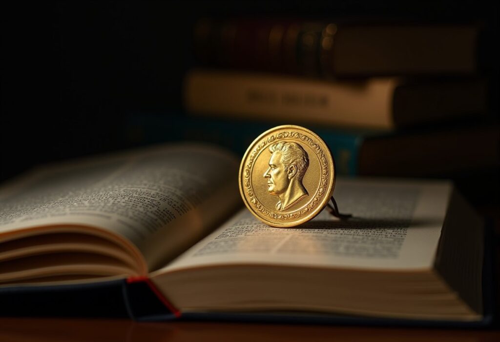 Gold Booker Prize medal resting on an open book, stacked volumes blurred in the background — a symbol of Booker Prize criticism