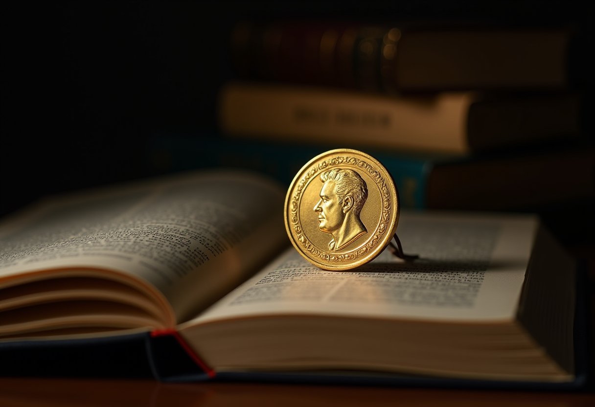 Gold Booker Prize medal resting on an open book, stacked volumes blurred in the background — a symbol of Booker Prize criticism