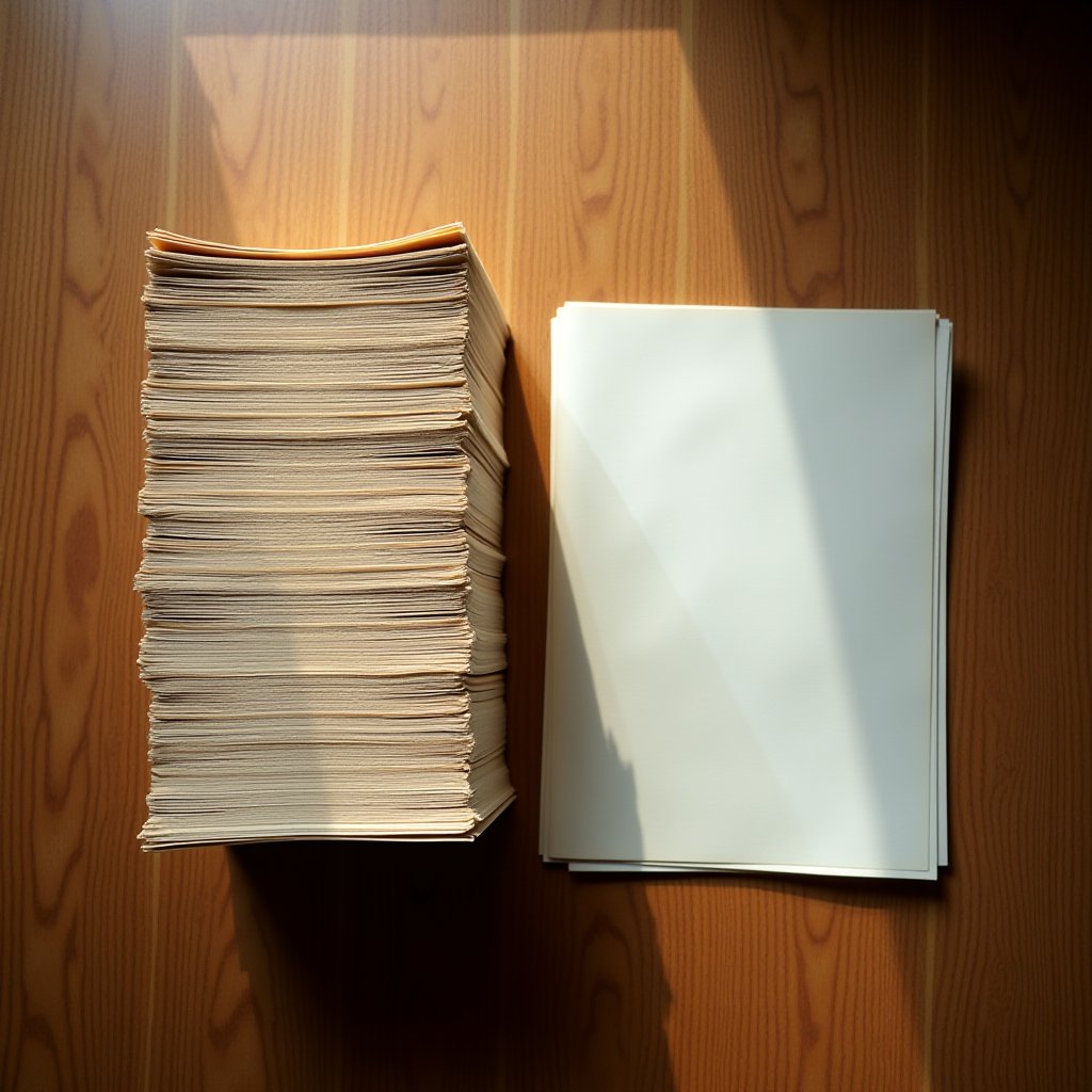 A tall stack of aged manuscripts beside a slim white paper stack on a wooden surface, suggesting literary prize selection