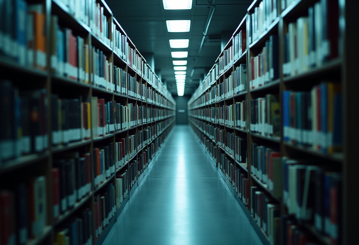 Long library aisle lined with densely packed bookshelves stretching into the distance under fluorescent lights