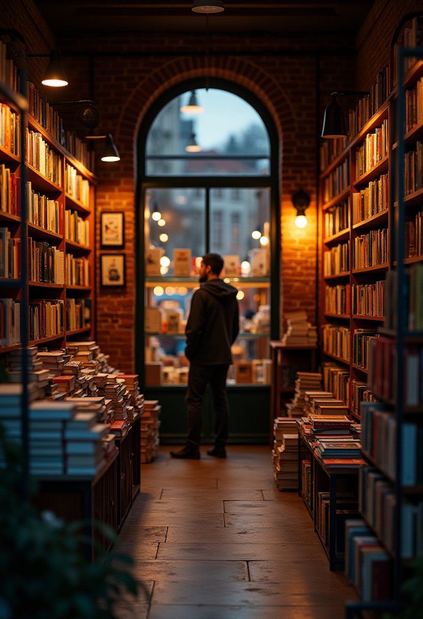 Person standing at an arched window of a warmly lit independent bookshop, surrounded by floor-to-ceiling shelves of books