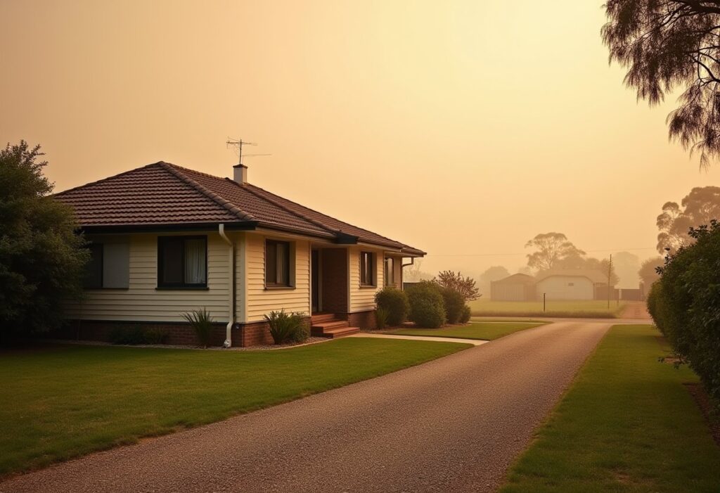 Suburban Australian home surrounded by hazy orange smoke-filled sky, illustrating the need for a bushfire home preparation checklist