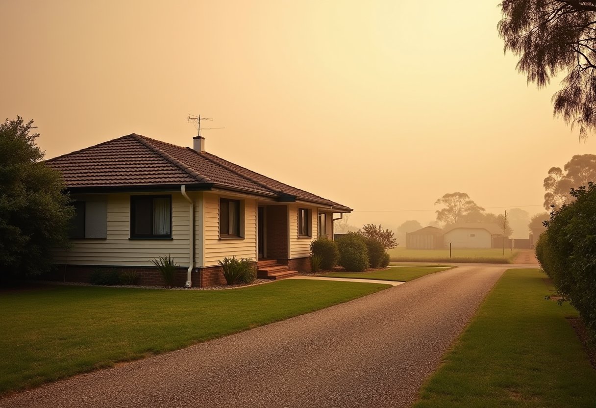 Suburban Australian home surrounded by hazy orange smoke-filled sky, illustrating the need for a bushfire home preparation checklist