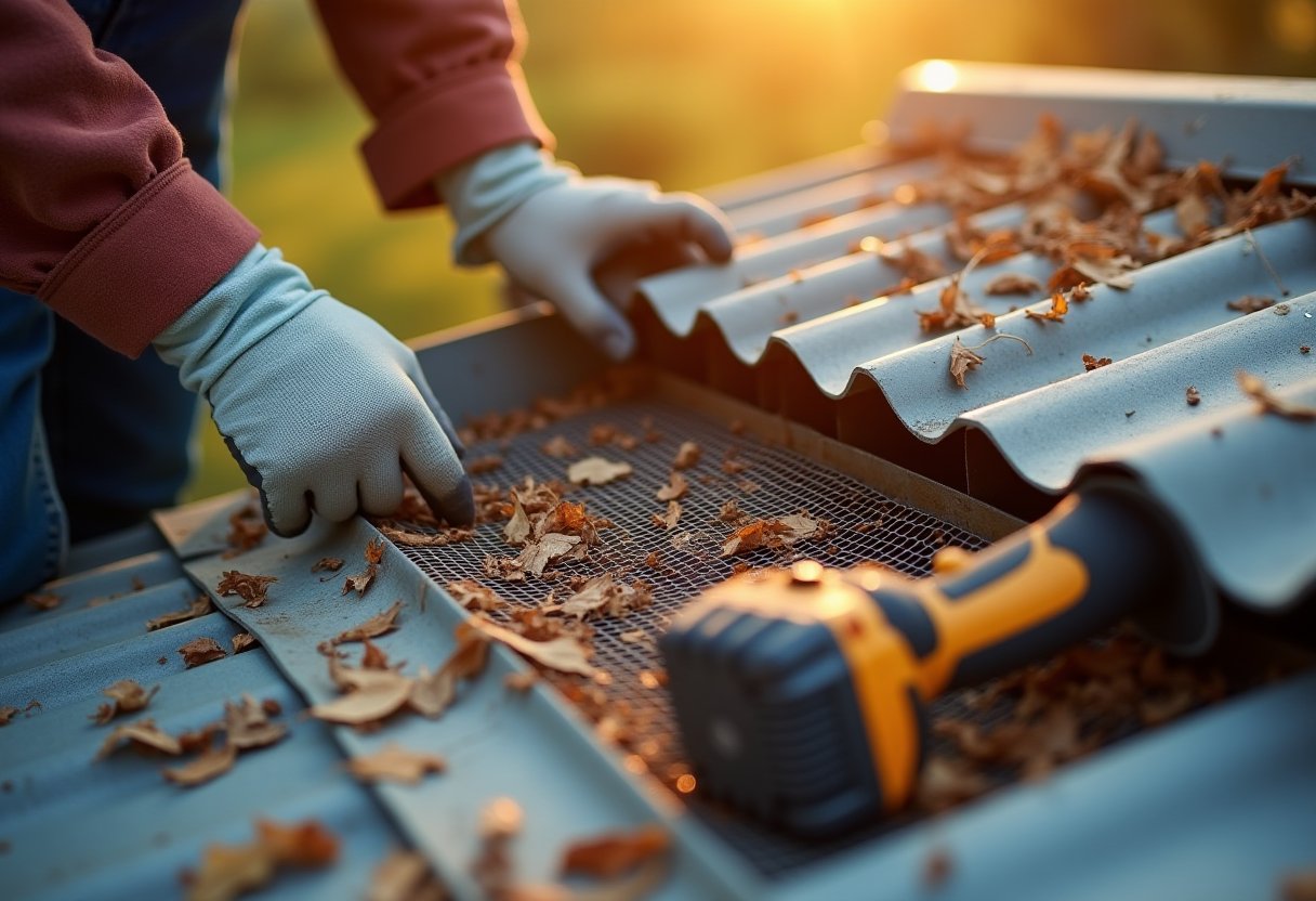 Gloved hands clearing dry leaves from roof gutters to reduce ember catch points during bushfire season