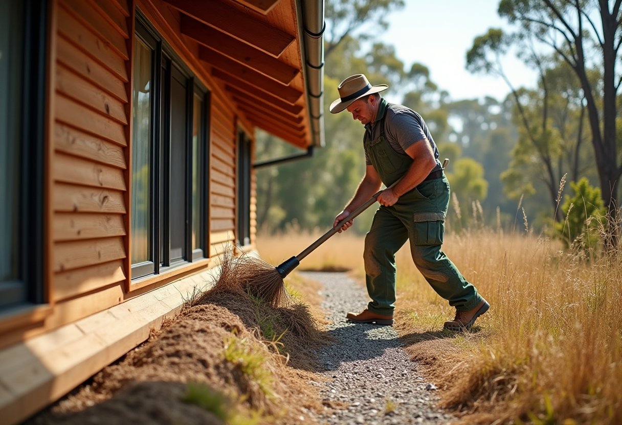 Homeowner raking dry grass and debris from the base of a timber house to create defensible space in bushfire season