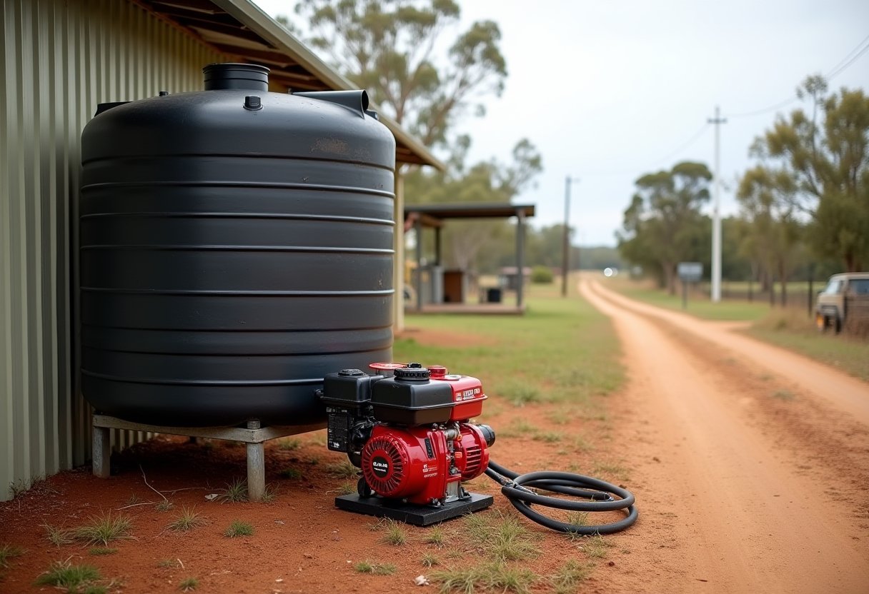 Large black rainwater tank with petrol pump beside a rural shed, part of a bushfire emergency water supply setup
