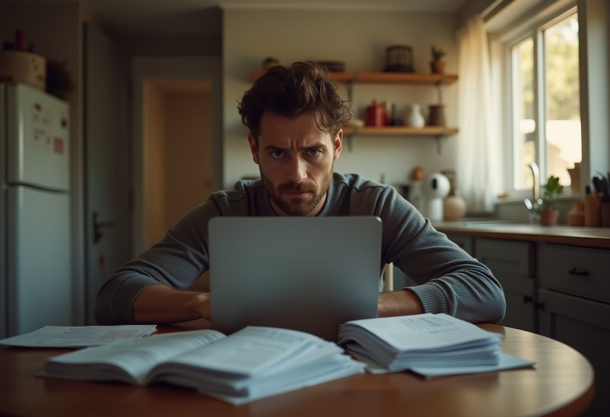 Man at kitchen table with laptop and bills, researching options when he can't afford rent in Australia