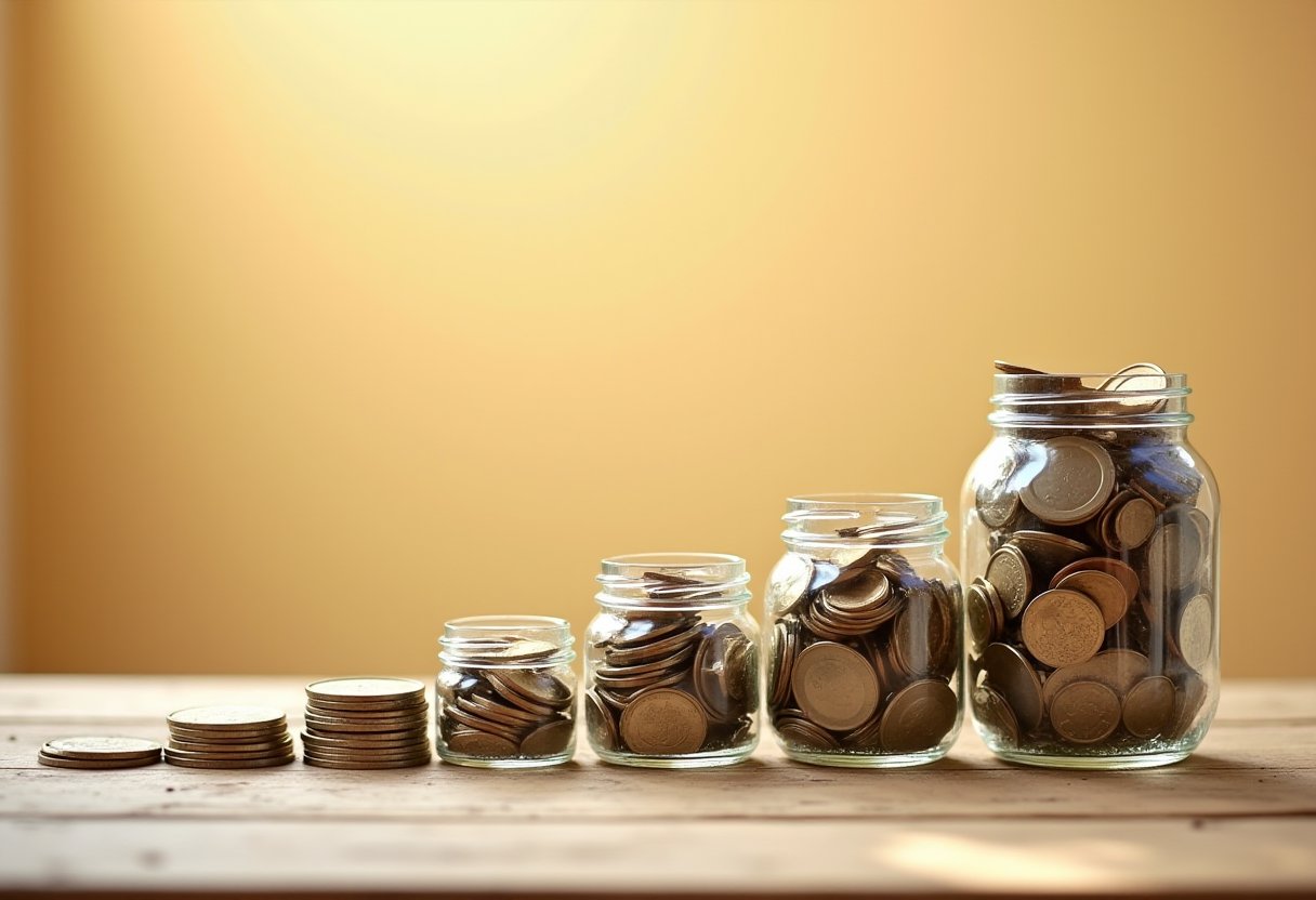 Four glass jars of coins growing progressively fuller on a wooden surface, illustrating how compound interest explained australia works over time