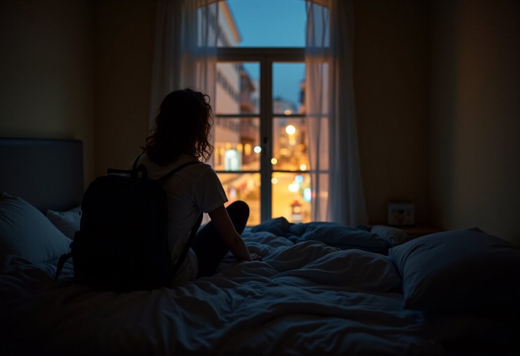 Solo traveller sits on a hostel bed at dusk gazing through an open window at glowing city lights, backpack beside her.