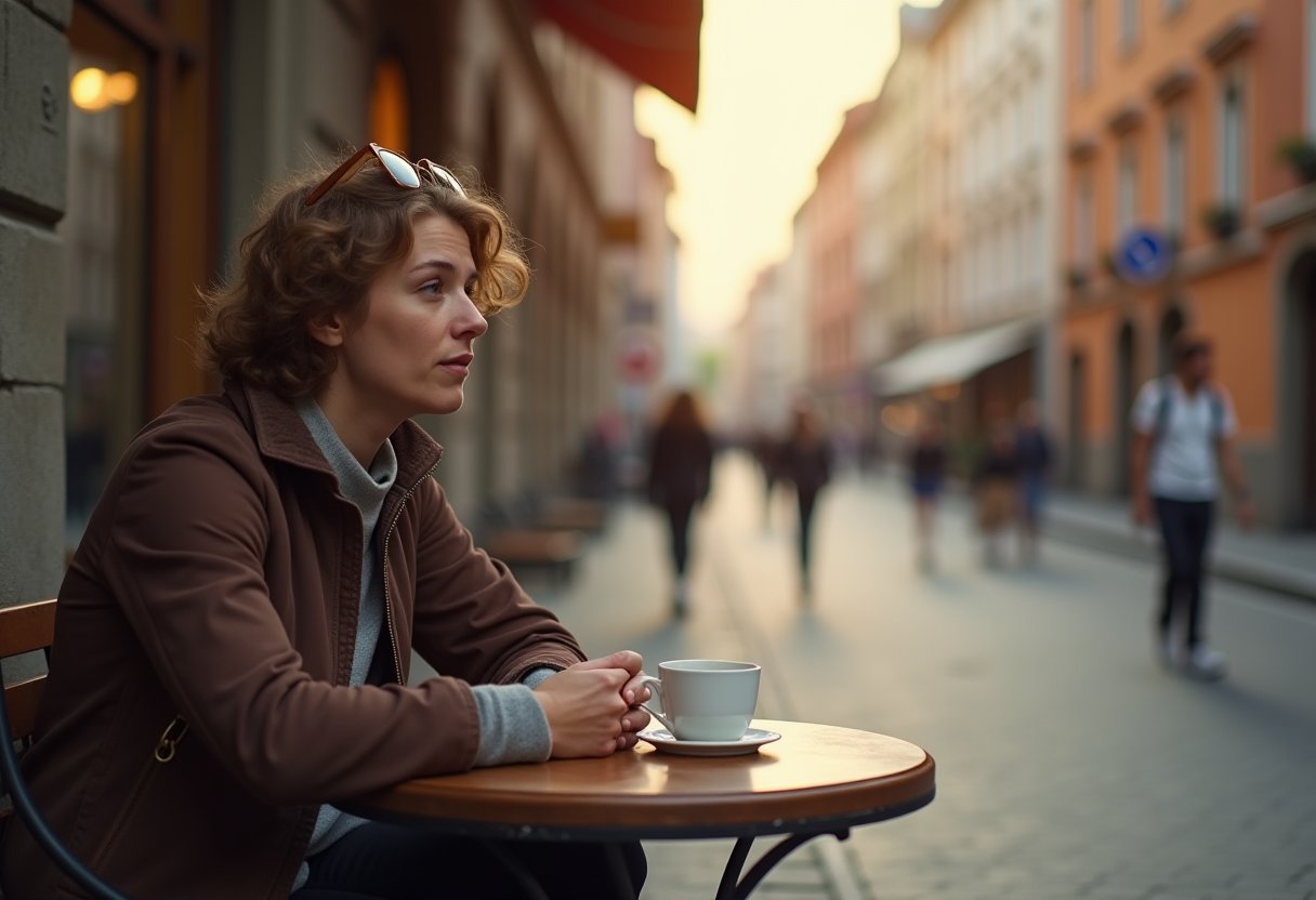 Solo female traveller sitting alone at a sidewalk cafe table with coffee, gazing thoughtfully down a European street at dusk