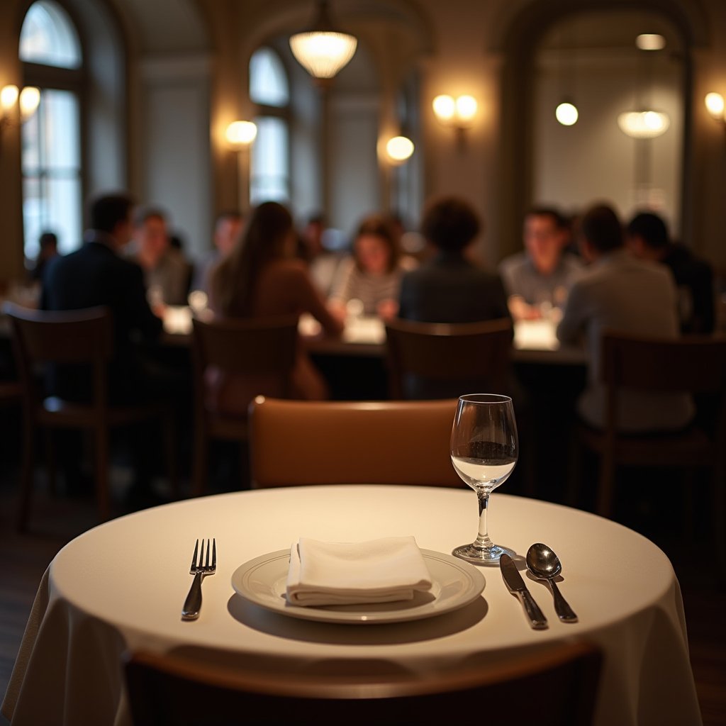 Empty table set for one with wine glass in busy restaurant—the single supplement reality of solo travel
