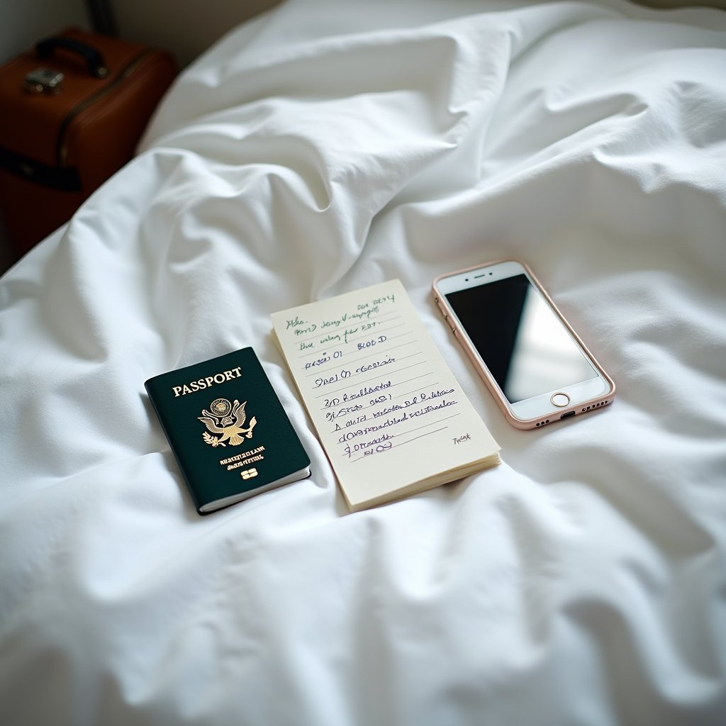 Passport, handwritten emergency contacts note and smartphone laid on hotel bed — solo traveller document backup essentials.