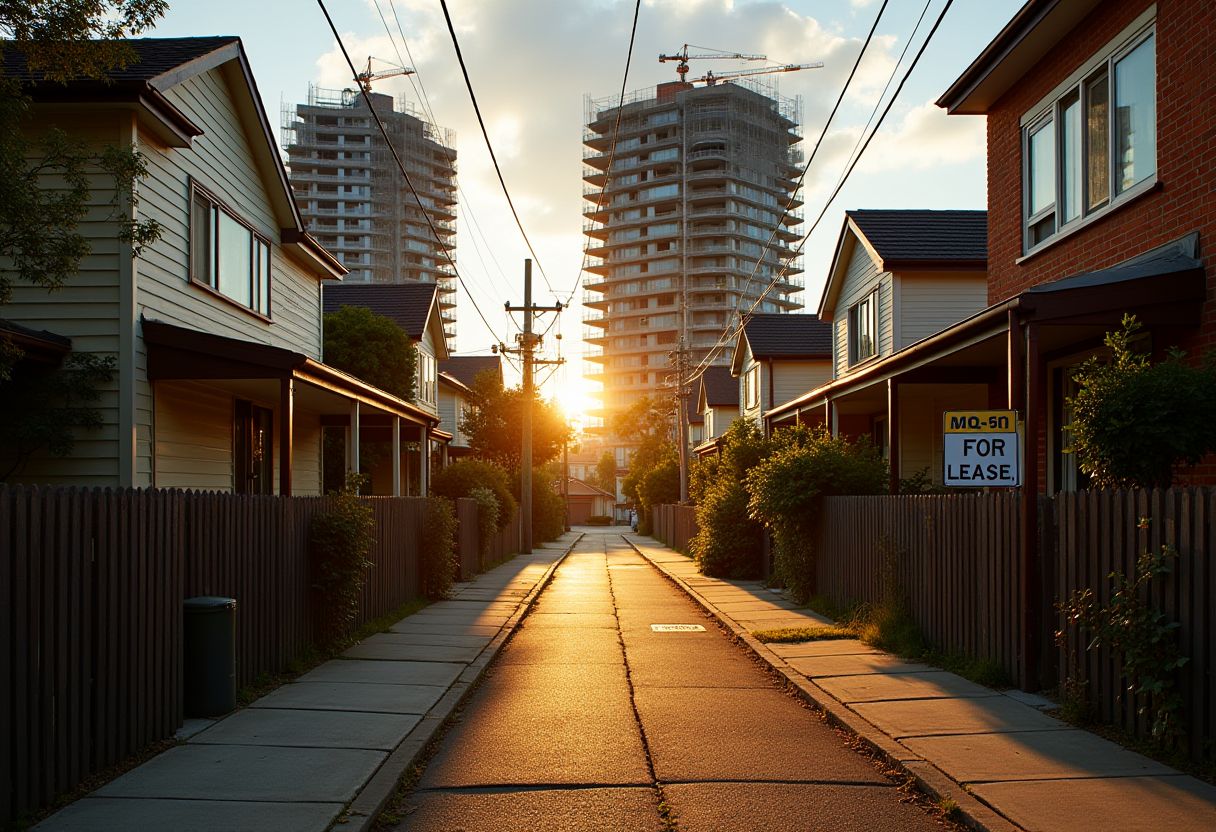 Suburban street at sunset with a high-rise under construction looming behind houses — Australia's housing affordability policy challenge in focus