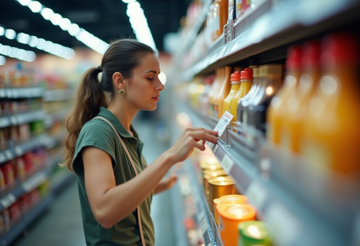 Woman checking price tag on supermarket shelf stocked with juice bottles, illustrating rising consumer prices