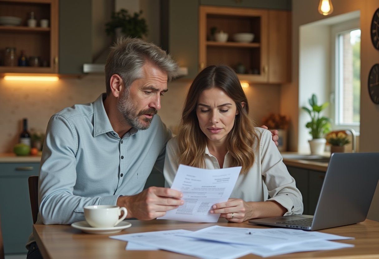 Couple reviewing household bills and financial documents at kitchen table as rising costs strain the family budget