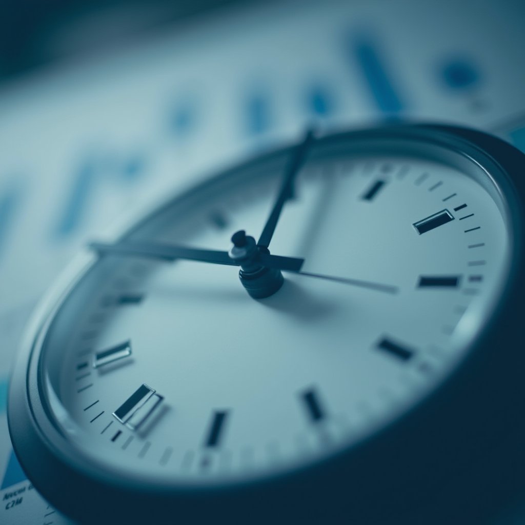 Analogue clock over blurred financial bar charts, symbolising the timing challenge central banks face with inflation