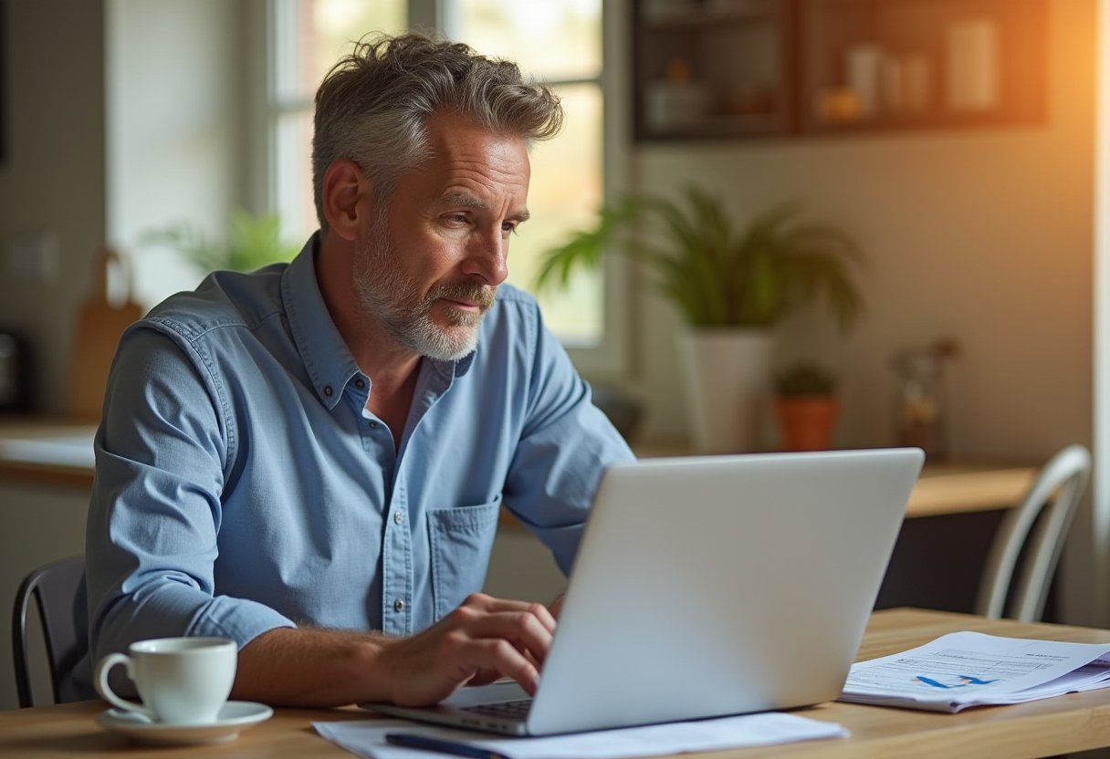Middle-aged Australian man reviewing how superannuation works on a laptop at his kitchen table with documents nearby