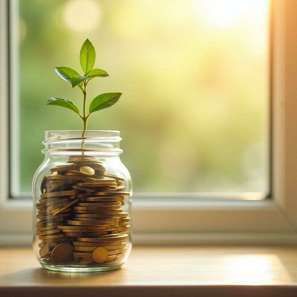 Glass jar packed with gold coins, a seedling growing from the top, on a sunny windowsill — super taxed at concessional rates