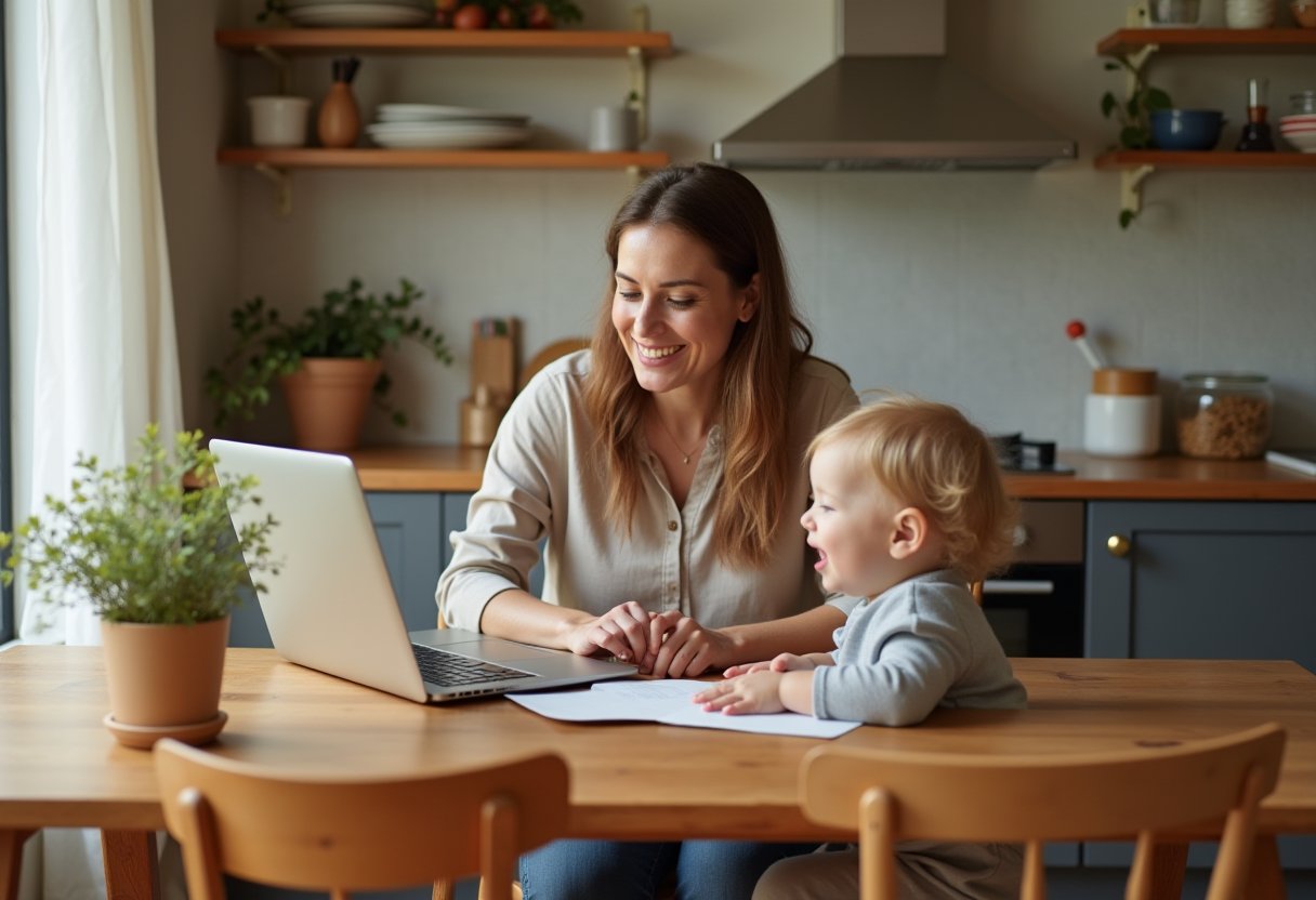 Mother working on laptop at kitchen table while toddler plays on the floor beside her