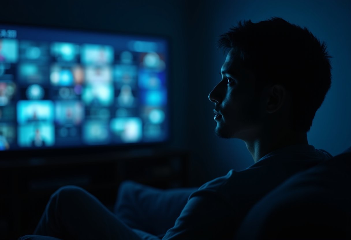 Person watching a streaming service grid of titles on TV in a dark room — how recommendation algorithms work to surface content