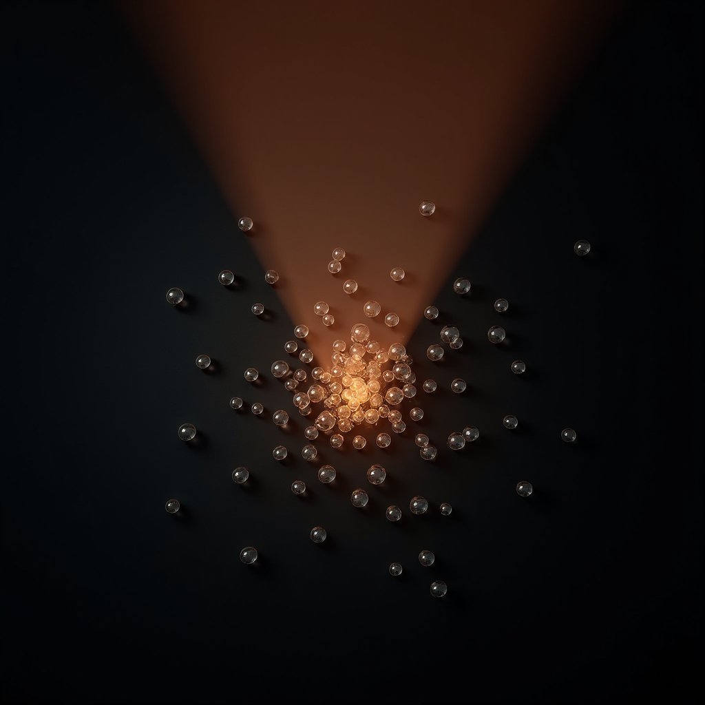 Amber beam illuminating scattered metallic spheres, representing the candidate retrieval stage of a recommendation pipeline