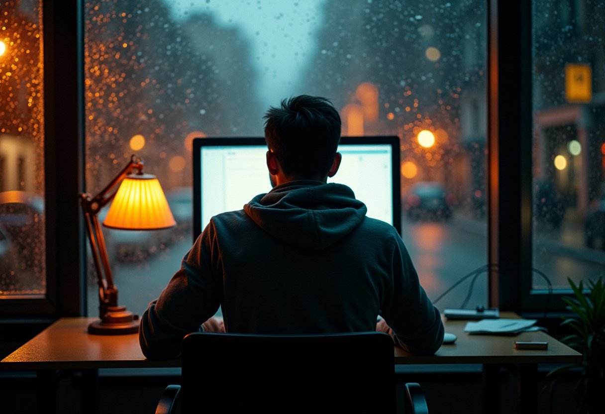 Solitary figure viewed from behind at a computer in a dark room, rain on the window suggesting filter bubble isolation