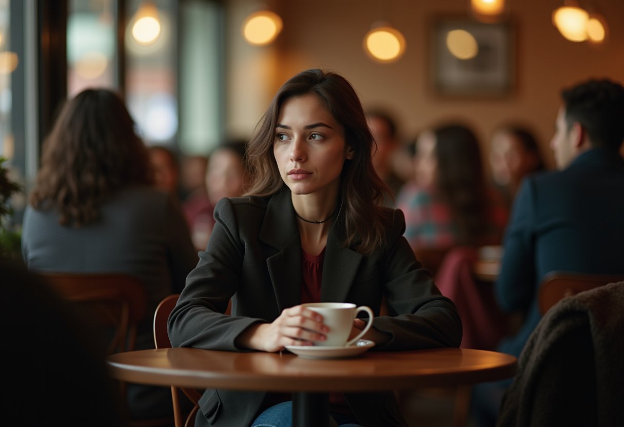 Young woman sitting alone with a coffee cup in a busy café, a quiet portrait of how to deal with loneliness as an adult