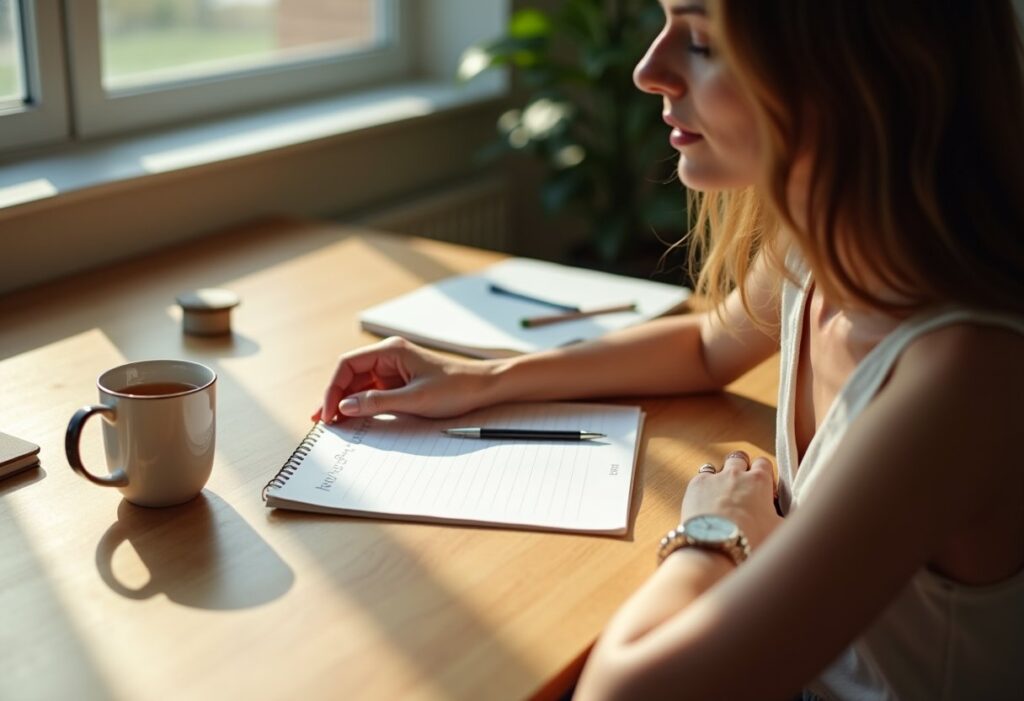 Woman sitting at a sunlit desk with an open notebook and coffee, learning how to do less and be more productive