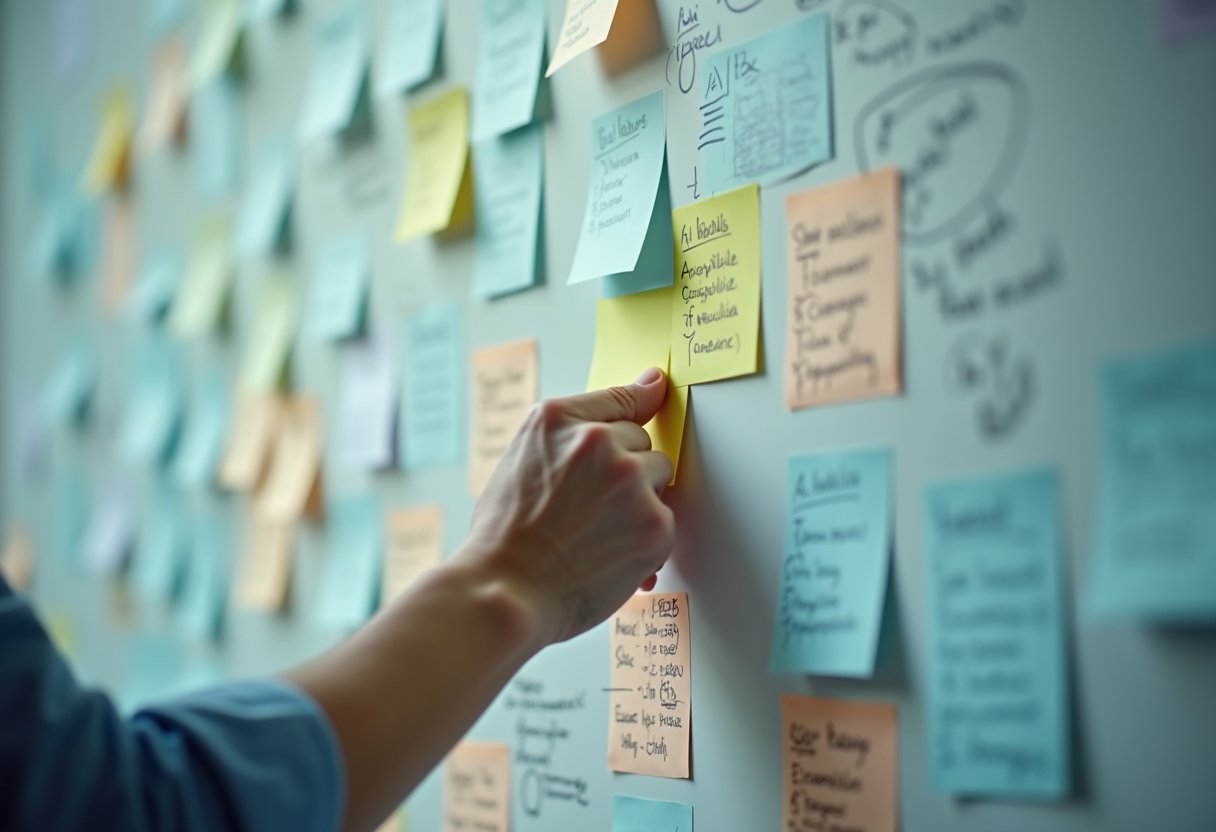 Hand placing a sticky note on a wall covered in colourful task notes, illustrating an overloaded to-do system