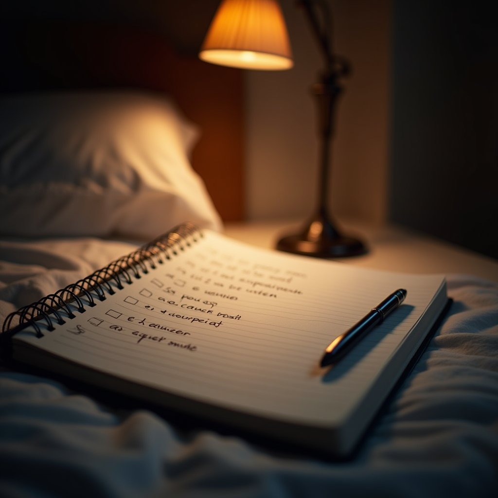 Open spiral notebook with handwritten list and pen on a dimly lit bed, evoking bedtime guilt over undone tasks