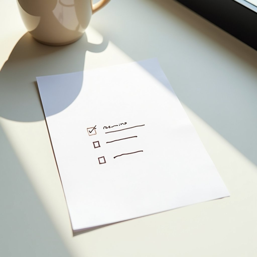 Minimalist paper checklist with one task ticked and two left undone, resting on a sunlit desk beside a coffee mug