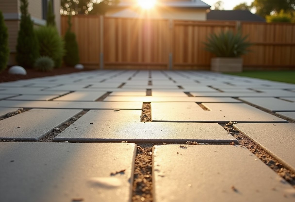 Freshly laid concrete pavers in a backyard patio glowing in warm sunlight — how to lay pavers DIY result